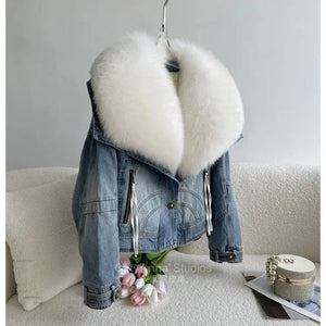 Detachable collar Denim Coat Women winter Parkas Fox Fur Short Down Jacket female Outwear fashion Long sleeve jeans clothes R066