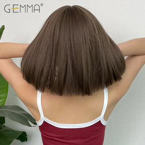 GEMMA Dark Brown Bob Synthetic Natural Hair Wig with Fluffy Bangs for Women Short Straight Wigs Heat Resistant Daily Cosplay Wig