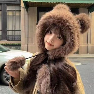 RICYGVM Fluffy Fur Ear Protection Cap For Women Winter Plush Fisherman Hat Windproof Warm Headgear Cute Bear Girl Earmuffs Caps