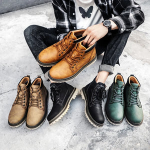 Men's Winter Boots Luxury Leather Warm Fur Classic Ankle Boots Outdoor Brand Motorcycle Boots Lace Up Men Casual Leather Boots