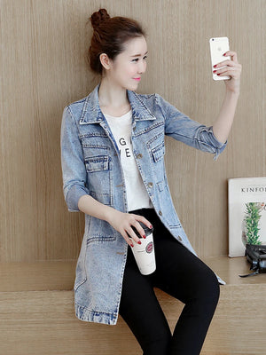 Zoki Autumn Women Denim Jacket Fashion Ripped Female Jean Long Coat Koran Cotton Slim Long Sleeve Blue Outwear 5XL