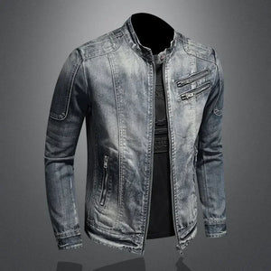 2023 new men's denim jacket trendy retro fashion casual stand-up collar zipper jacket handsome riding biker clothing denim tops