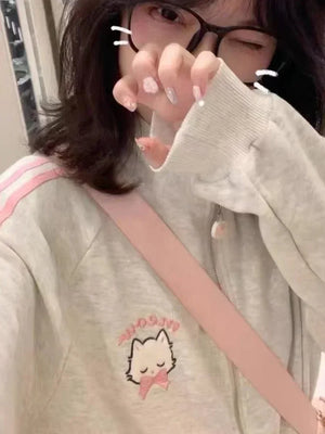 HOUZHOU Japanese Fashion Kawaii Zipper Hoodie Women Harajuku Cute Pink Cat Embroidery Oversized Hooded Sweatshirt  Winter 2023