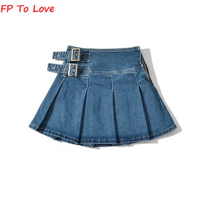 Pleated Denim Mini Skirts Vintage Belt A-line Zipper Blue Zipper Bottom Woman Black Solid Female Streetwear Quality