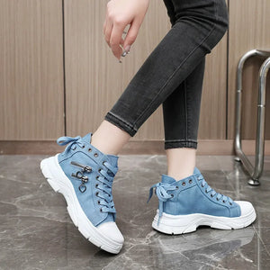 2024 New Women Plus Sizes Sneakers High Top Female Denim Canvas Shoes Thick Sole  Girls Students Ankle Canvas Boots Lace Up