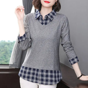 Women's Clothing T-shirt Polo-Neck Long Sleeve Spring Autumn Fake Two Pieces Office Lady Elegant Plaid Button Spliced Pullovers