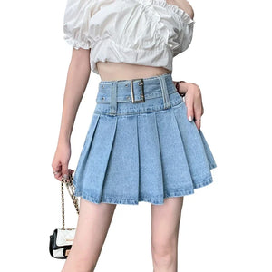 Spring Fashion Summer New High Waist Women Denim Short Skirts with Belted Jeans Skirts Female Pleated Sexy Mini Skirt Y2k Skirt