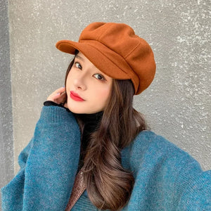 Women‘s Winter Vintage Berets Caps French Artist Warm Felt Hats Beret Female Solid Octagonal Hats 2023 Autumn Girl Newsboy Cap