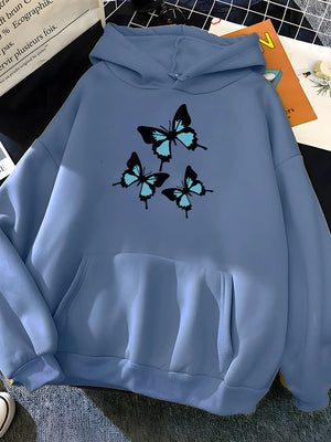 Hirsionsan Butterflies Print Women Sweatshirt Soft Casual Loose Female Hoodies 2023 Winter New Warm Fleece Tops for Girls