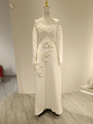 Satin Mermaid 2 in 1 Flowers Long Sleeve Detachable Train Wedding Dress