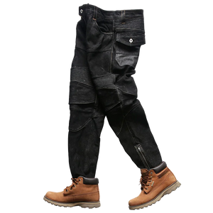 Motorcycle models men frosted Marklung goatskin long pants splicing stretch denim casual Slim windproof riding leather pants