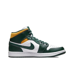 Original Air Jordan 1 Mid Seattle Supersonics High Top Retro Basketball Shoes Men's White Green Yellow Sneakers 554724-371