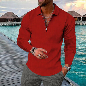 Color 3D Print Polo Zipper Long Sleeve Shirt for Men Button Down Fashion Shirt