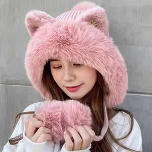 Winter Warm Knitted Hats for Women Cute Cartoon Cat's Ears Two Balls Earflap Cap Plush Fluffy Thicken Warm Beanie Hat