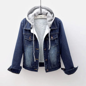 Pop Plus size 5XL Women Coat Short Denim Jacket Autumn Fashion Hooded Bomber Jacket Causal Detachable Hat Female Denim Coat P120