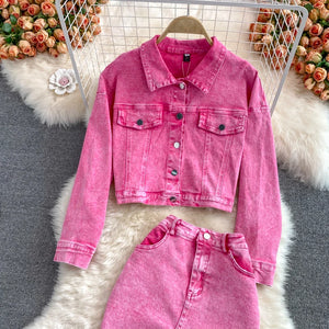 Autumn Women Pink Denim Sets Lapel Long Sleeve Short Denim Jacket High Waist Denim Skirt Korean Female Two Piece Set Streetwear