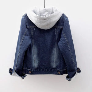 Pop Plus size 5XL Women Coat Short Denim Jacket Autumn Fashion Hooded Bomber Jacket Causal Detachable Hat Female Denim Coat P120