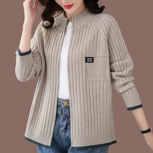 Simplicity Elegant Solid Office Lady Fashion Loose Casual Women's Clothing Zipper Screw Thread Long Sleeve Sweaters Cardigan