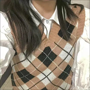 Vintage Autumn Women's Plaid V-neck Sleeveless Tank Top Sweater Fashion Women Slim Casual Knit  Girl Sweet  X267