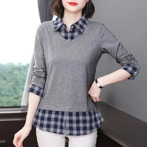 Women's Clothing T-shirt Polo-Neck Long Sleeve Spring Autumn Fake Two Pieces Office Lady Elegant Plaid Button Spliced Pullovers