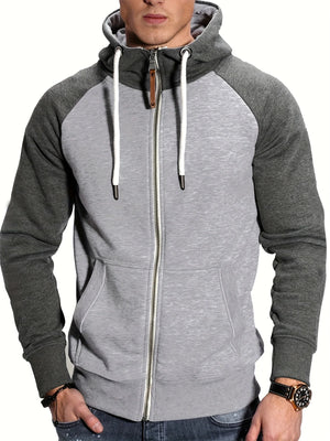 Mens Relaxed Fit Color Block Zip Up Hoodie Soft Slight Stretch Fabric Long Sleeve Placket Design Lining Hand Washable