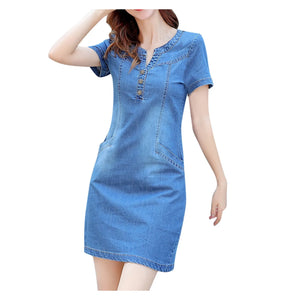 Women's Denim Dress 2023 New Summer Dress Female Fashion V-Neck Plus Size Medium Length Korean Slim Denim Dresses Lady Clothing