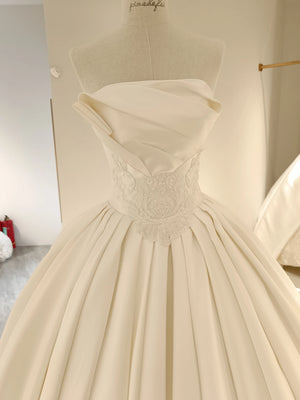 A Line Sleeveless Strapless Lace Beading In-Stock Mikado Wedding Dress