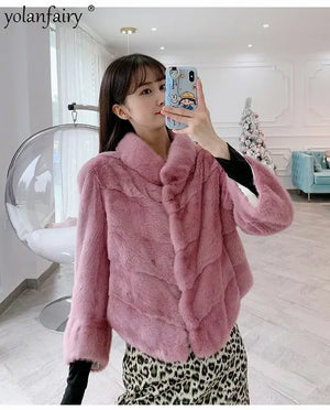 Real Mink Fur Coat Women Whole Pure Mink Short Coats Female Elegant Korean Style Fur Jacket Winter New Stand Collar Clothing FCY