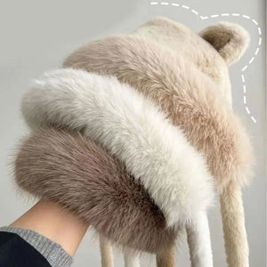 New Winter Warm Knitted Hats Women Plush Fluffy Thicken Warm Fur Beanie Hat Cute Cartoon Bear's Ears Two Balls Ear flap Cap 2023