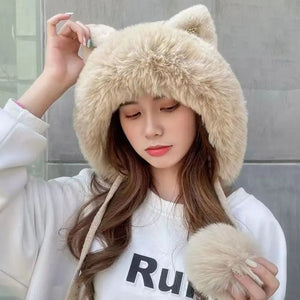 Winter Warm Knitted Hats for Women Cute Cartoon Cat's Ears Two Balls Earflap Cap Plush Fluffy Thicken Warm Beanie Hat