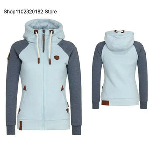 Autumn Spring Contrasting Color Drawstring Zippered Long Sleeve Cardigan Hoodie Coat Jacket Women