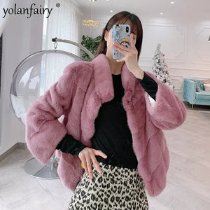 Real Mink Fur Coat Women Whole Pure Mink Short Coats Female Elegant Korean Style Fur Jacket Winter New Stand Collar Clothing FCY