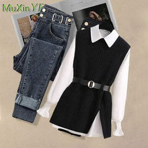 2024 Spring New Korean Elegant in Matching Set Women's Fashion Knitted Vest+Shirt+Jeans Three Piece Female Chic Denim Pants Suit