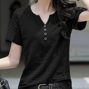 Women's Blouse Clothing V-neck Button T-shirt Spring Summer Loose Large White Short Sleeve Solid Elegant Casual Tops