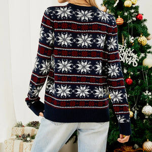 Christmas Snowflake Striped Print Sweater for Women Long Sleeve Pullover Loose Xmas Knitted Tops Autumn Winter Warm Basic Jumper