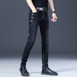 Stylish Black Luxury Men's Korean Streetwear Punk Fashion Comfortable Stretch Jeans Slim Fit Straight Leg Casual Denim Pants