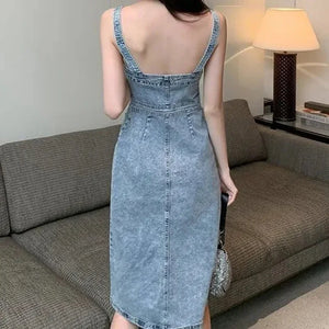 Denim Dress Women 2023 Summer New Retro Casual All-match Denim Slip Dresses Female Single Breasted Long Suspender Skirt