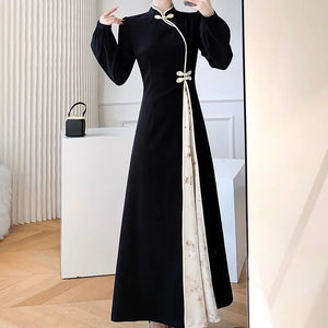 Ladies Fashion Buttons Long Dress Autumn Winter Slim Chinese Style Pullovers Patchwork Women's Clothing 2023 New Elegant Dresses