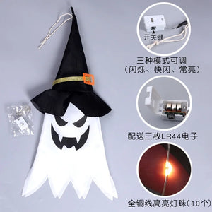 Halloween LED Flashing Light Hanging Ghost Halloween Party Dress Up Glowing Wizard Ghost Hat Lamp Decor Pumpkin Candlestick Lamp