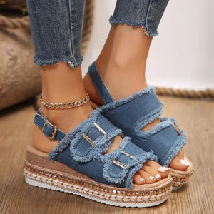 Women Wedge Sandals 2024 Summer Beach Slippers Double Buckle Non-slip Clogs Slides Women Flip Flop Platform Sandals Denim Female