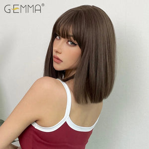 GEMMA Dark Brown Bob Synthetic Natural Hair Wig with Fluffy Bangs for Women Short Straight Wigs Heat Resistant Daily Cosplay Wig