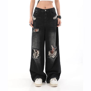 Gidyq Women High Waist Jeans Vintage Female Ripped Streetwear Wide Leg Pants American Style Casual Straight Denim Trousers