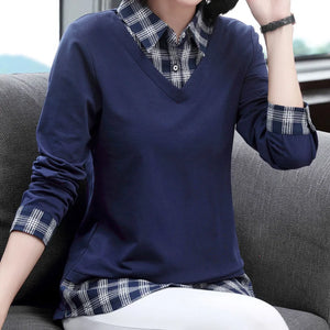 Women's Clothing T-shirt Polo-Neck Long Sleeve Spring Autumn Fake Two Pieces Office Lady Elegant Plaid Button Spliced Pullovers