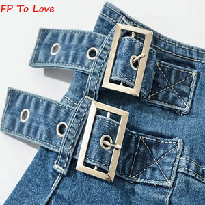 Pleated Denim Mini Skirts Vintage Belt A-line Zipper Blue Zipper Bottom Woman Black Solid Female Streetwear Quality