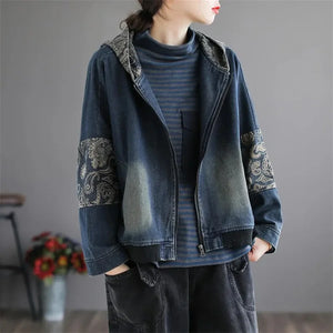 Retro Women Denim Jacket Nice Autumn New Female Splicing Hooded Cowboy Coat Middle aged Woman Loose Casual Denim Jackets