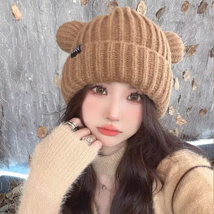 Cute Bear Ear Knitted Wool Hat Women Fashion Hooded Thick Beanies Cap Winter Warm Woolen Hats Designer Kpop Personality Bonnet