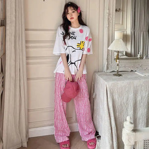 New Kawaii Cute Snoopy Pajamas Summer Pure Cotton Checkered Home Suit Set Leisure Cartoon Ins Birthday Gifts Girlfriend Gifts