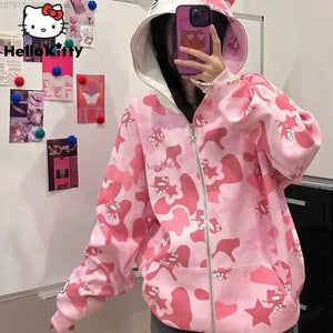 American Trendy Hello Kitty Camo Star Print Hooded Embroidered Hoodie for Women Loose Fitting Casual Zippered Coat Clothes