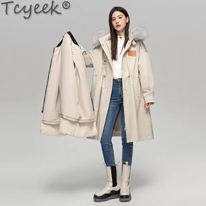 Tcyeek 2023 Winter Fox Fur Collar Parka Elegant Womens Fur Coat Warm Rex Rabbit Fur Liner Detachable Long Jacket Women Clothing