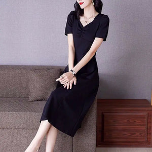 Elegant Square Collar Midi Dress 2024 Summer Solid Color Female Clothing A-Line Waist Fashion Folds Commute Short Sleeve Dresses